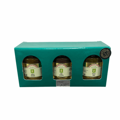 Coffret 3 pots ( pesto rouge, pesto vert, pâtes d’olives noires)